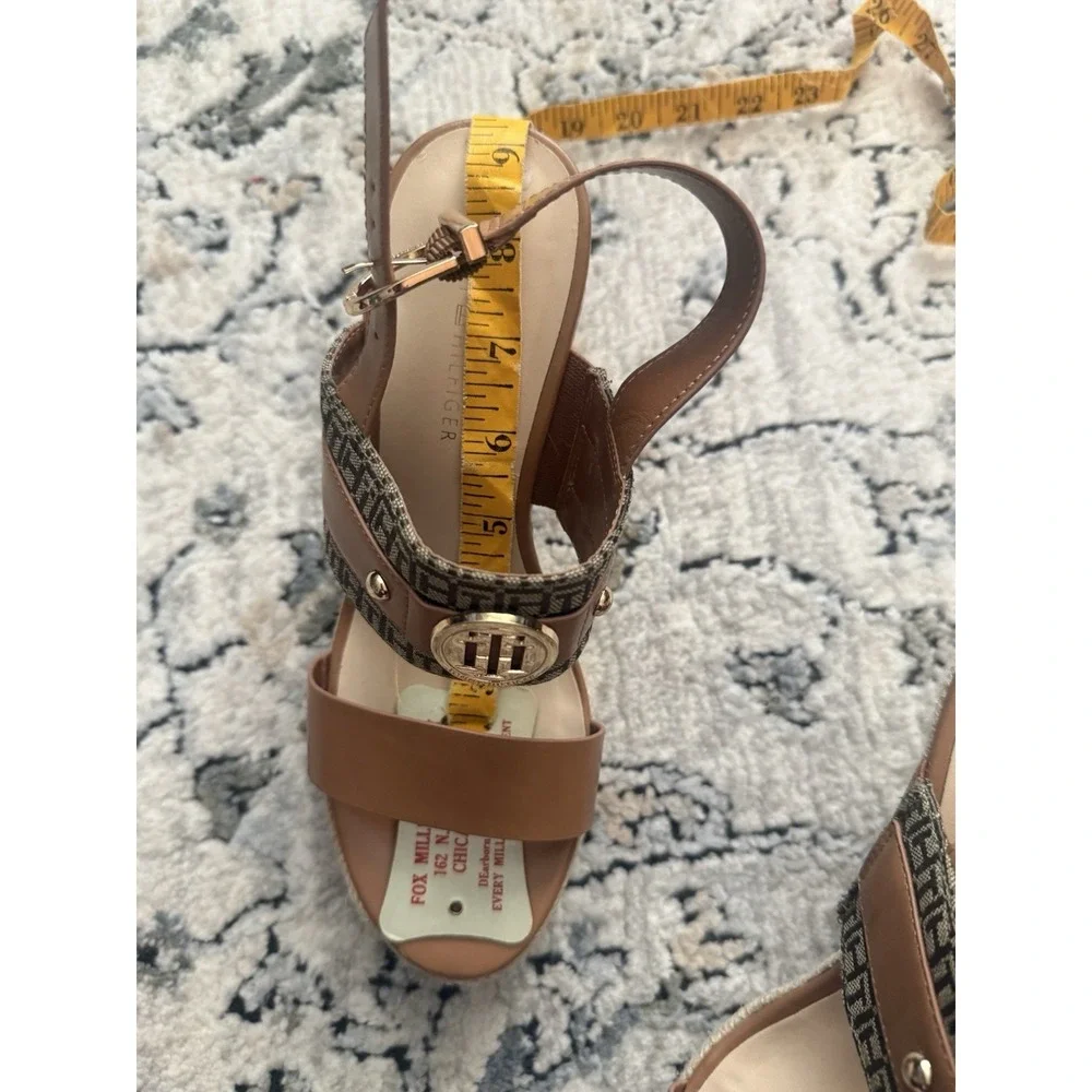Tommy Hilfiger Espadrille Wedge Sandals 6.5 Brown Logo  Platform Ankle Strap